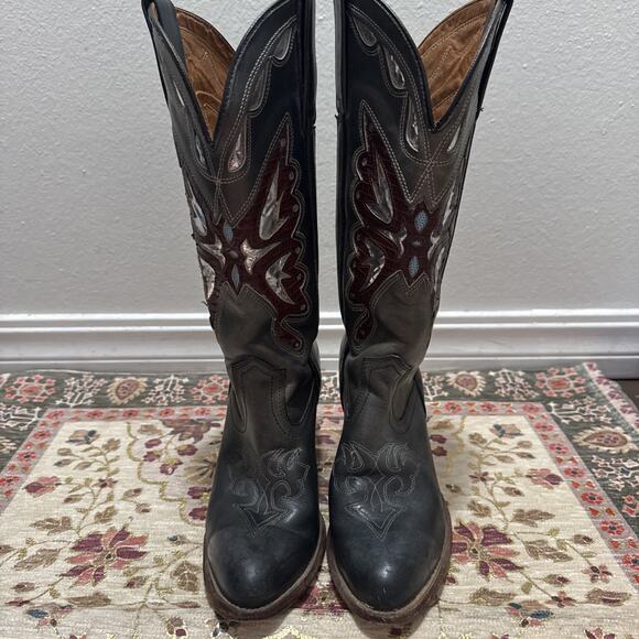 Vintage Miss Capezio 14" Tall Blue Leather Cowboy Boots Butterfly Size 8 M - Picture 1 of 12